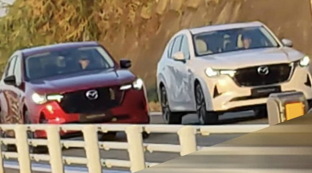 New 2023 Mazda CX-60 SUV two cars side by side red and white color front view