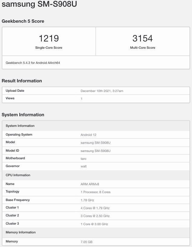 Samsung Galaxy S22 Ultra Geekbench