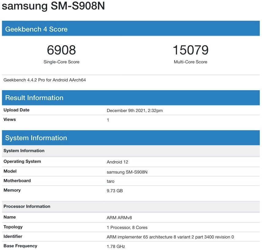 Samsung Galaxy S22 Ultra Geekbench