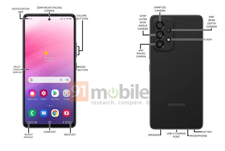 Samsung Galaxy A53 specs front view and back camera view