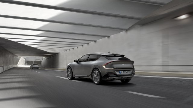 New 2022 Kia EV6 Crossover rear side view in tunnel 