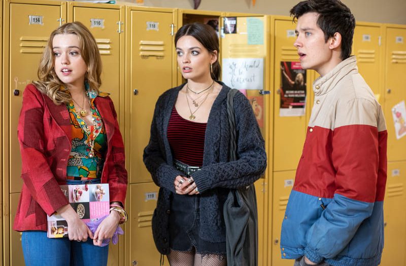 Sex Education Season 3 Netflix cast three people standing by the locker