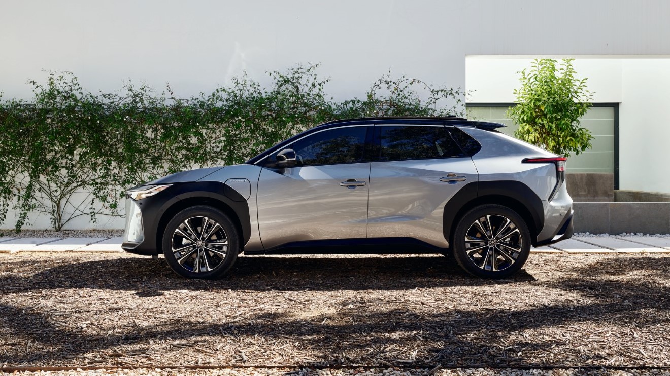 2022 Toyota bZ4X Electric SUV side view silver color